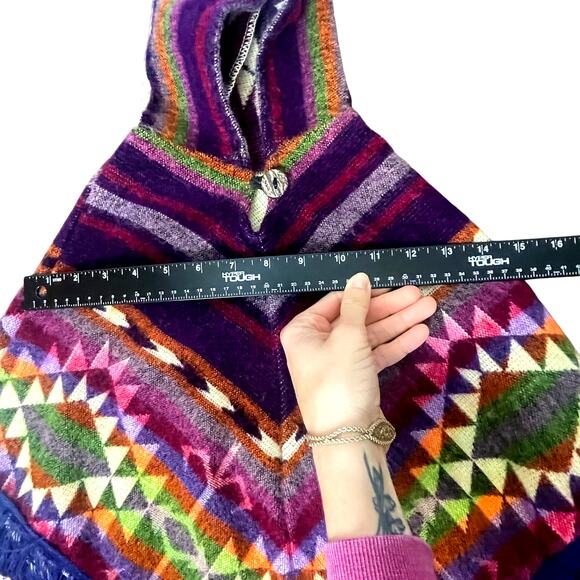 Handmade Toddler Alpaca Wool Poncho with Fringe Hooded Colorful Boho Toddler - Picture 10 of 11